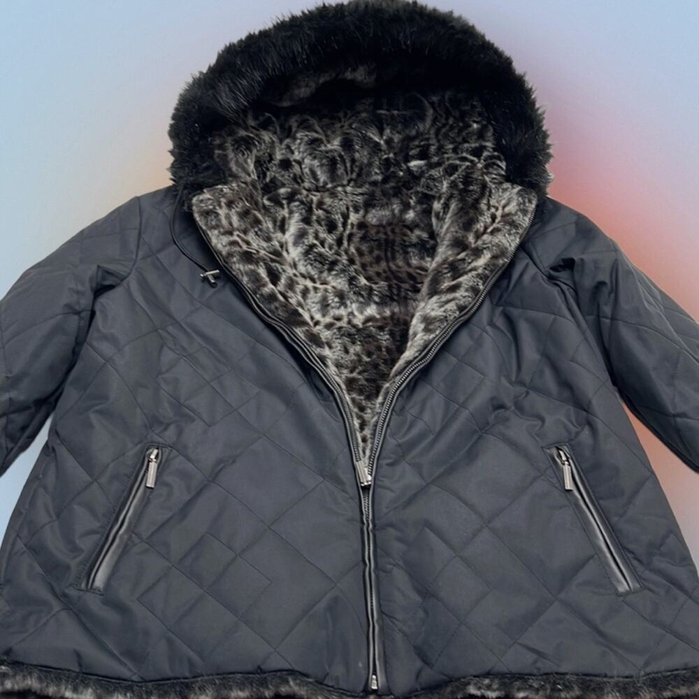KAREN HART Women’s Large REVERSIBLE Black Faux Fur Coat ⭐️ - Picture 5 of 6